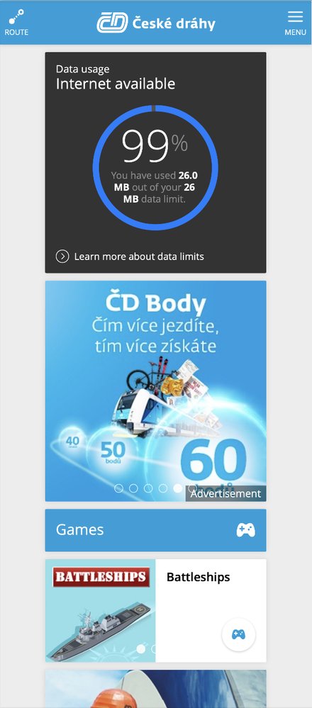 České dráhy On Board Portal - Wi-Fi, in-app advertising and games